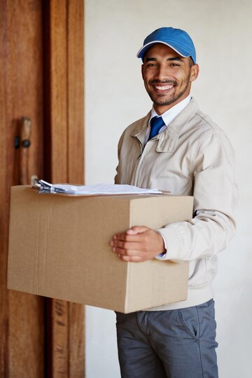delivery man portrait distribution with clipboard shipping transportation service package freight male person product online shopping order logistics worker box mail 590464 366926